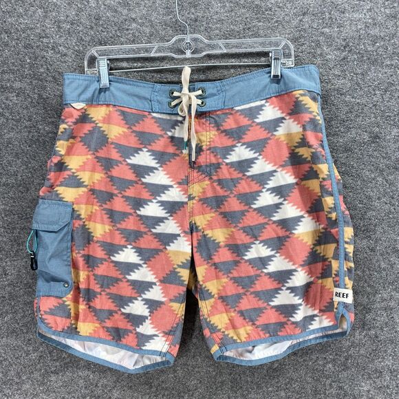 Reef Swim Trunks Shorts Men M Medium Blue Geometric Mid Rise Boardshorts Pull On - Picture 1 of 9
